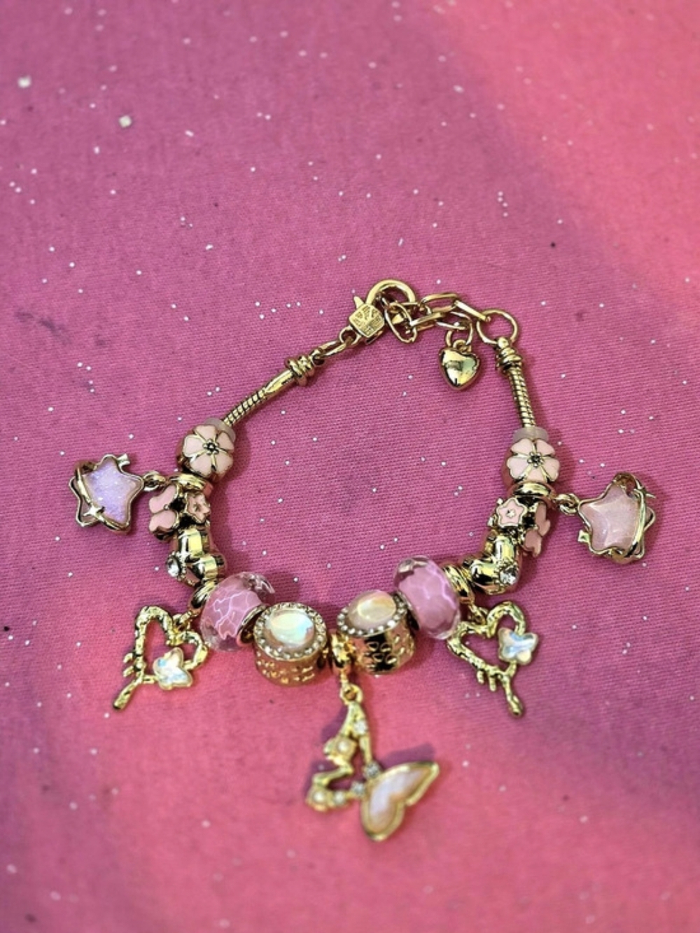 Gold Tone Chain Charm Bracelet w Butterflies, Hearts & Stars Dangle Charms